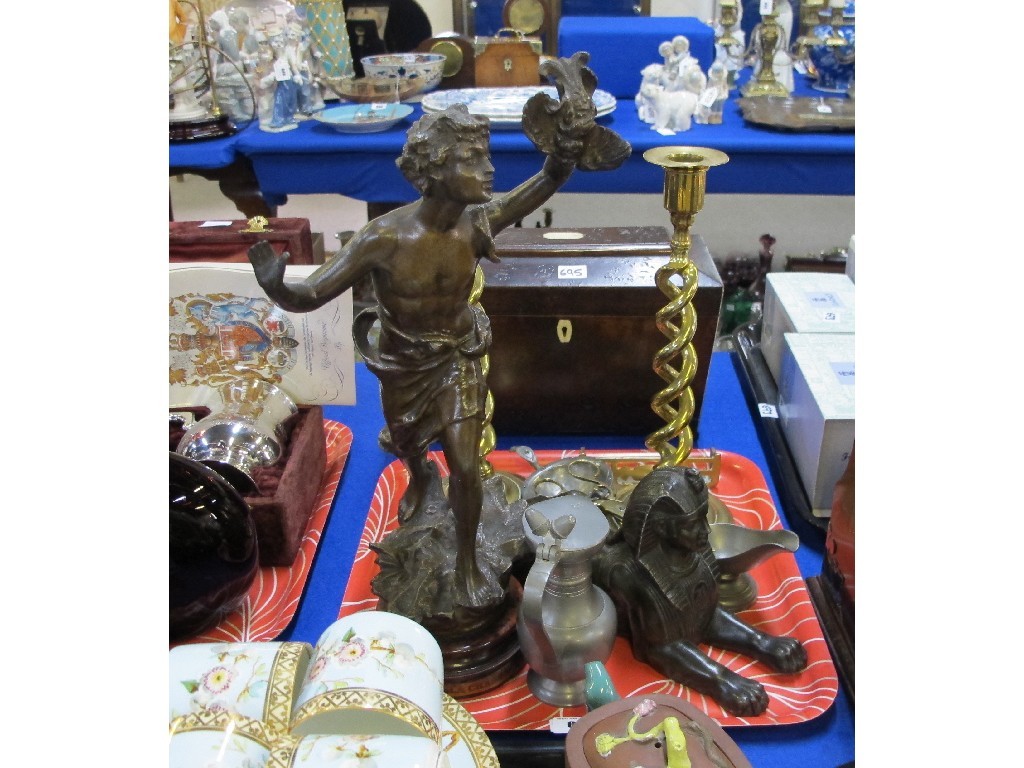 Appraisal: Tea caddy spelter figure sphinx pair of brass candl