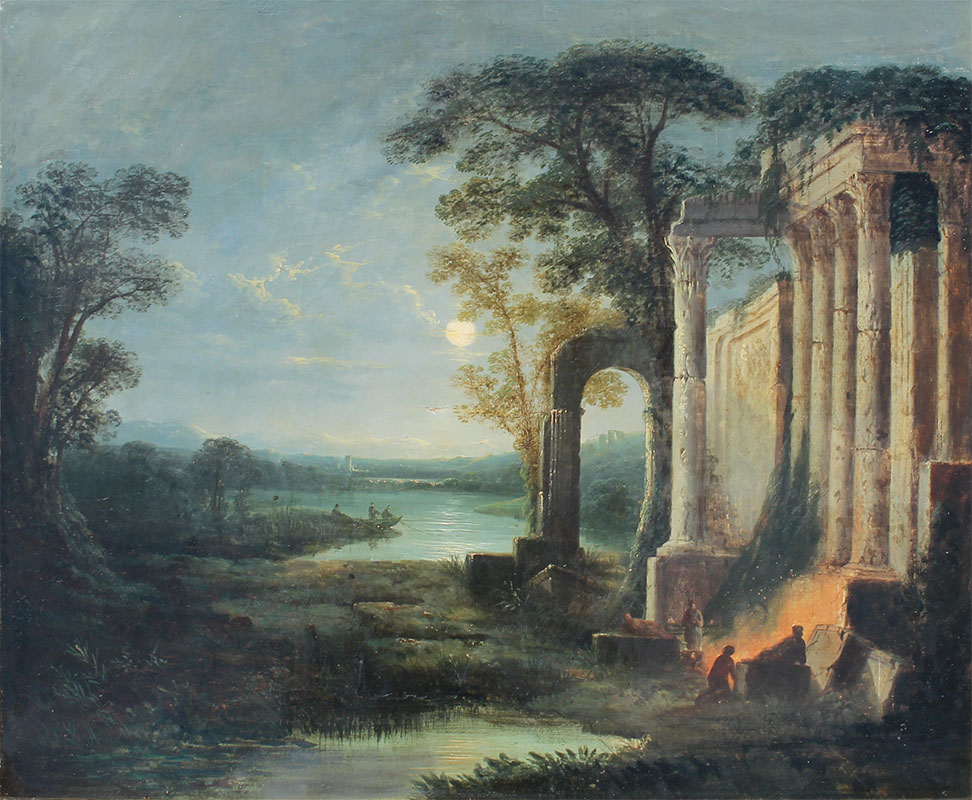 Appraisal: PETHER Sebastian English - Nocturnal Moonlit Landscape with Ruins Travelers