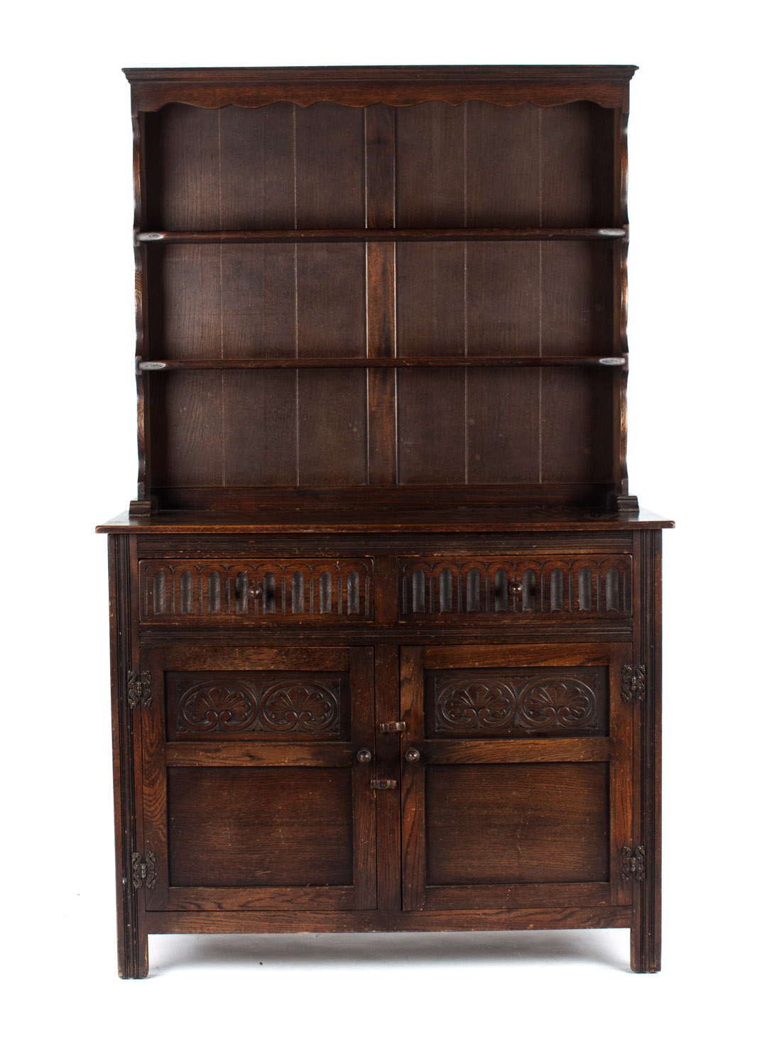 Appraisal: Tudor Revival carved oak Welch cupboard top section with flat