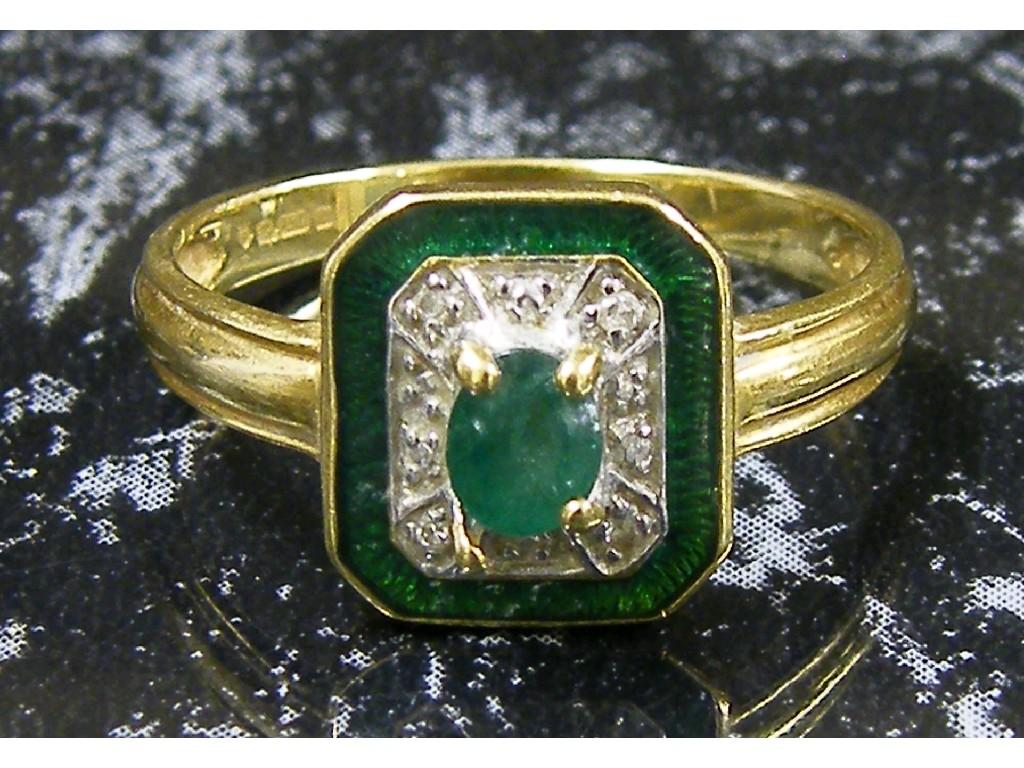 Appraisal: ct emerald and diamond cluster ring within a green enamel