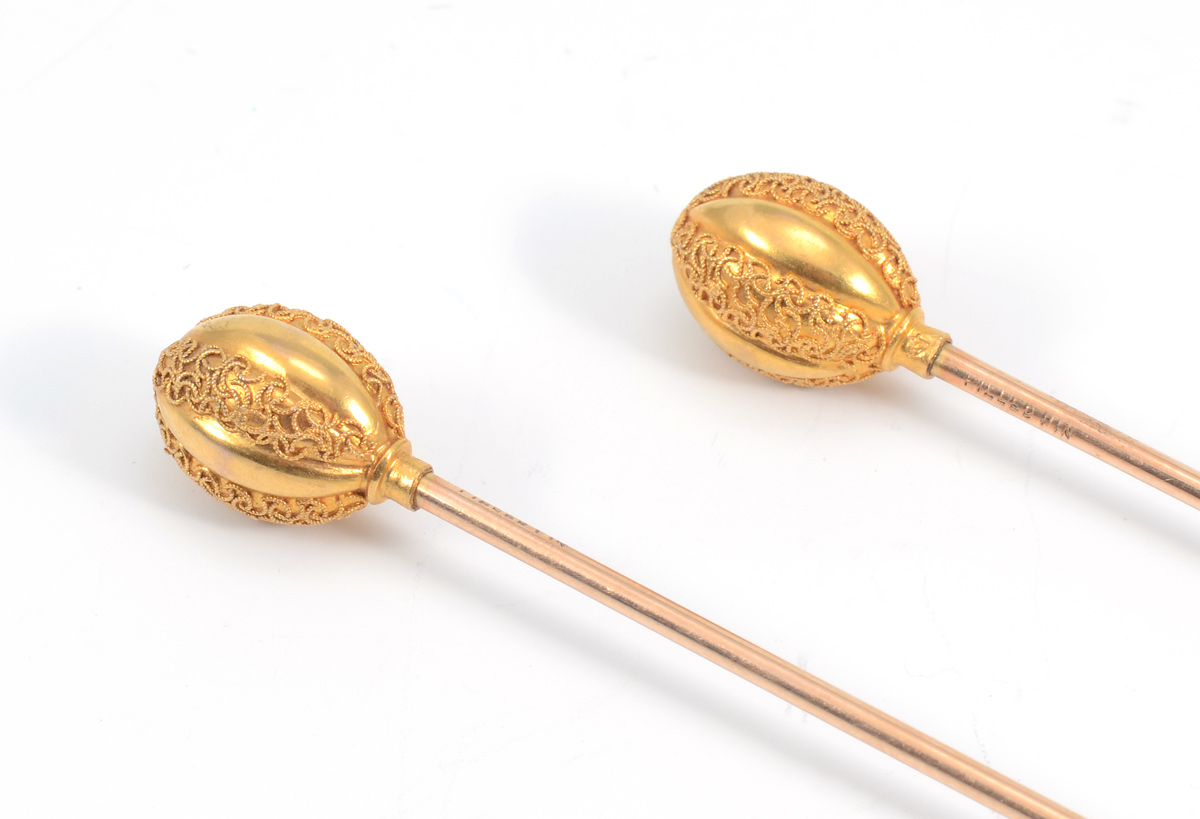 Appraisal: PAIR TH C ETRUSCAN k GOLD HAT PINS Antique Victorian