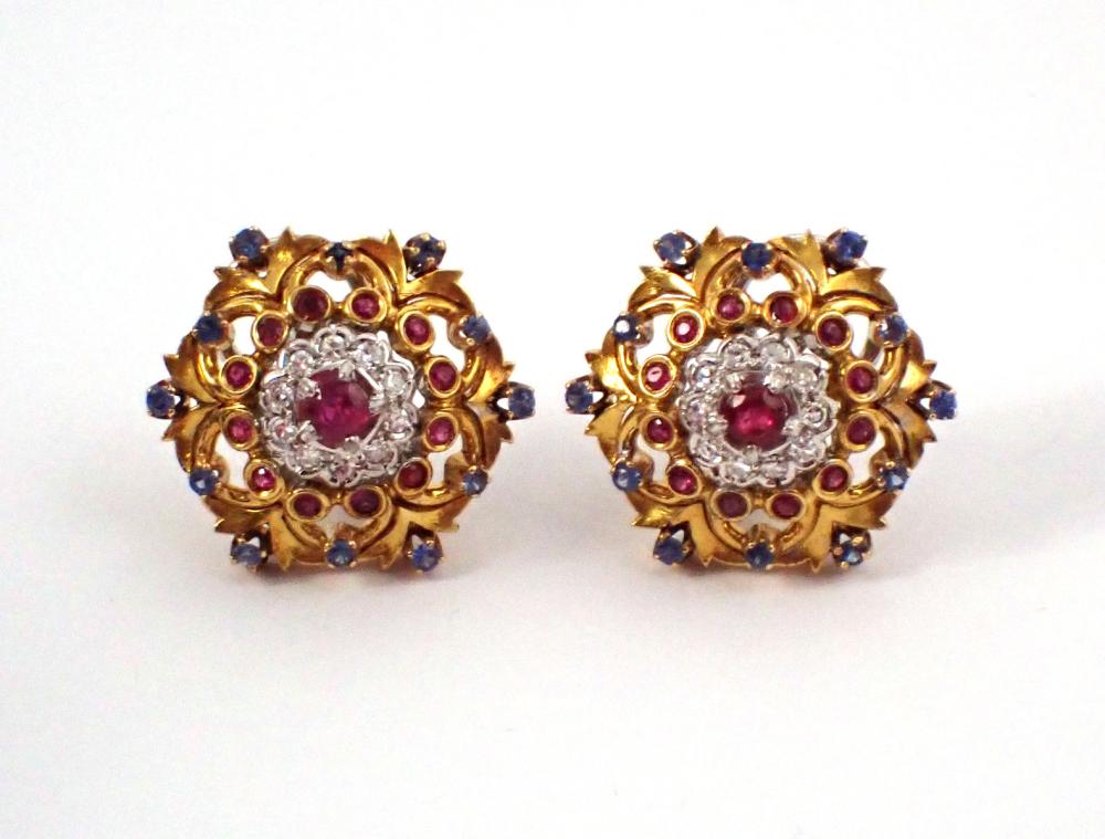 Appraisal: PAIR OF RUBY DIAMOND BLUE SAPPHIRE AND EIGHTEEN KARAT GOLD