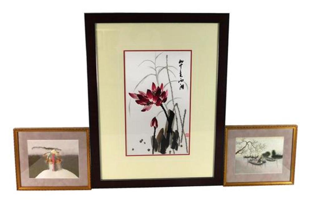 Appraisal: Three Asian embroideries th C red lotus flower with inscription