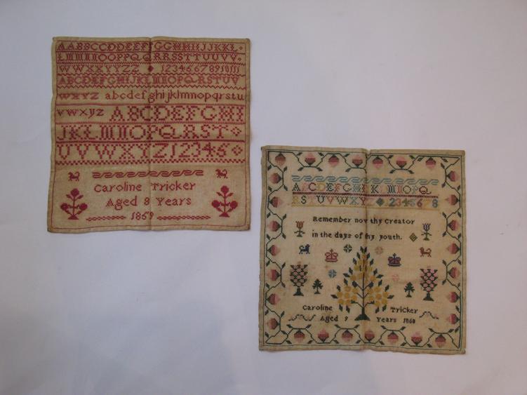 Appraisal: TWO VICTORIAN NEEDLEWORK SAMPLERS by Caroline Tricker one aged the