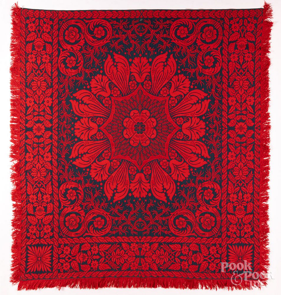 Appraisal: Red and blue Jacquard coverlet Red and blue Jacquard coverlet