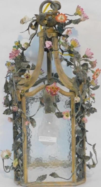 Appraisal: EARLY TH C CHANDELIER GILDED METAL FRAMEdecorated with porcelain floral