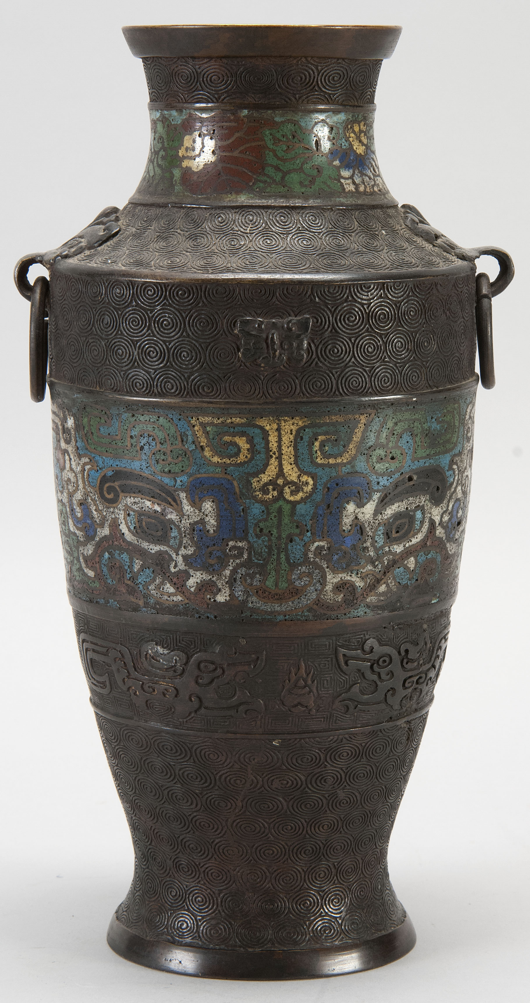 Appraisal: CHAMPLEV ENAMEL-ON-BRONZE VASE Taisho Period In rouleau form with mask