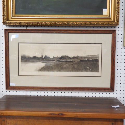 Appraisal: H M Rosenbury etching farm with pond pencil signed image