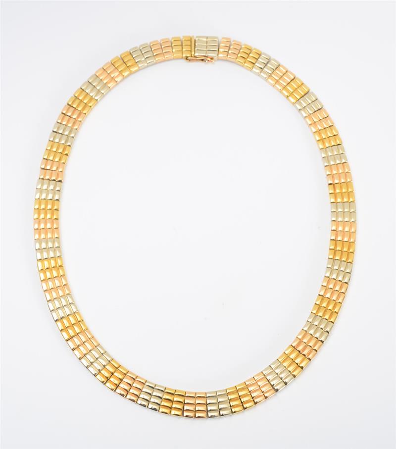 Appraisal: VAN CLEEF ARPELS K TRICOLOR GOLD NECKLACE Composed of rectangular-shaped