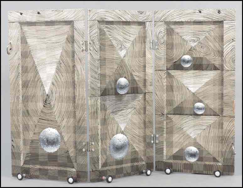 Appraisal: TUCKER BOBST AMERICAN - THREE-PANEL PAINTED SCREEN Acrylic on wood