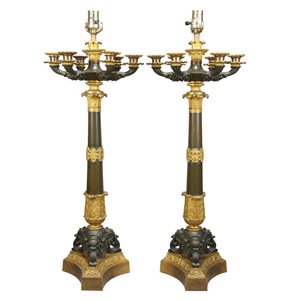 Appraisal: Pair of Restauration Style Gilt and Patinated-Bronze Seven-Light Candelabra Each