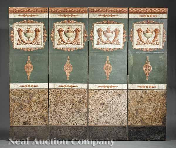 Appraisal: An Empire Four-Panel Folding Screen early th c having wallpaper