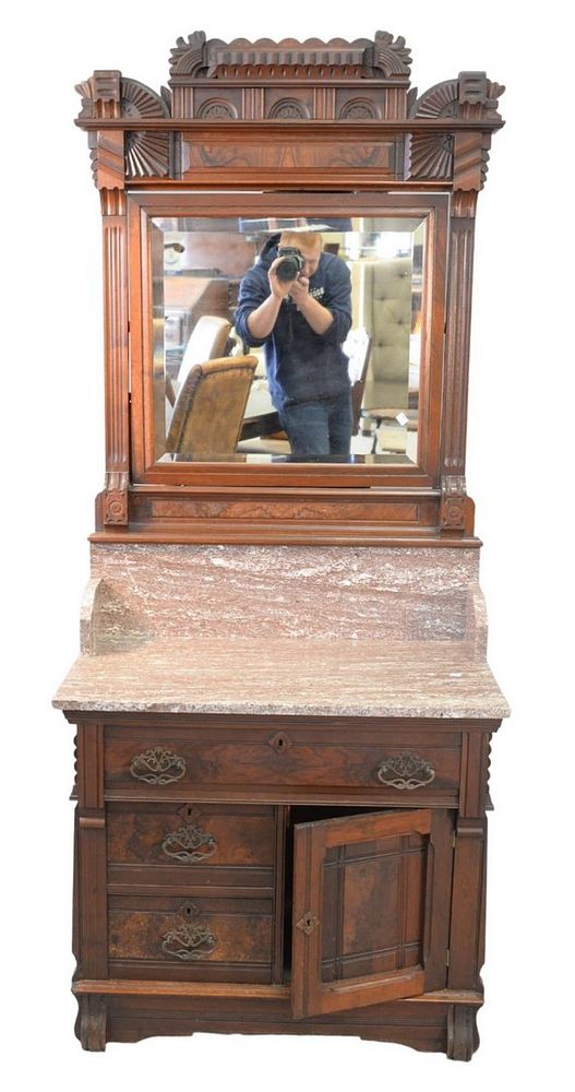 Appraisal: Victorian Walnut and Burl Marble Top Commode with mirror height