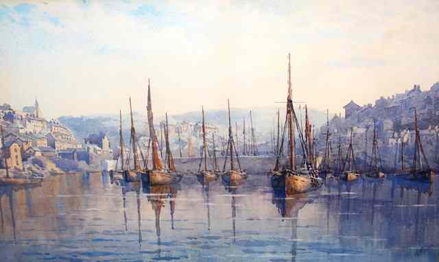 Appraisal: M ParkerA harbour side with moored sailing vessels possibly Cornwall