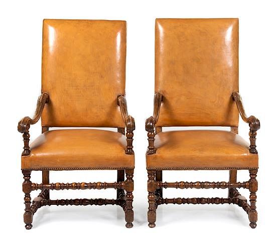 Appraisal: A Pair of Louis XIV Walnut Armchairs Height inches A