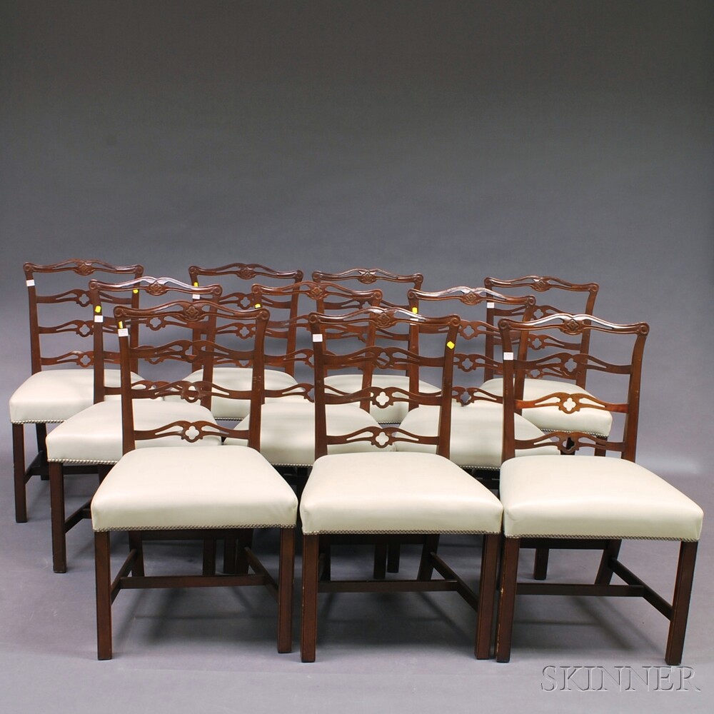 Appraisal: Set of Ten Chippendale-style Carved Mahogany Ribbon-back Dining Chairs the