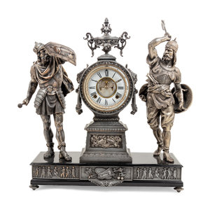 Appraisal: An Ansonia Combatants Patinated Metal Mantel Clock Height x width