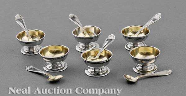 Appraisal: A Set of Six Coin Silver Salts with Matching Spoons