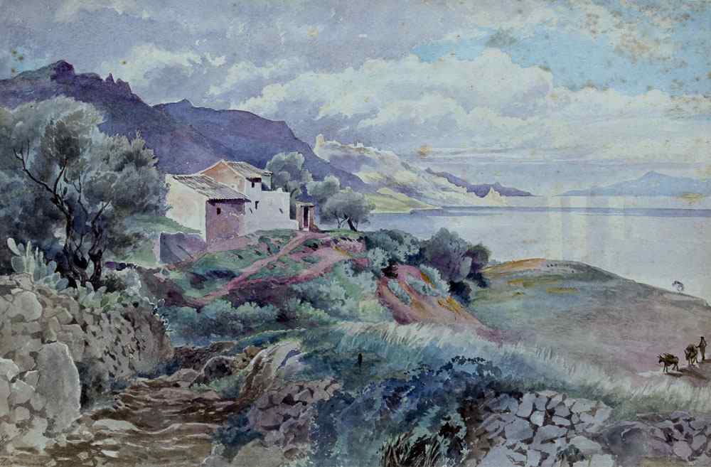 Appraisal: COASTAL WATERCOLOR SCENE OF TAORMINA ILLEGIBLY MONOGRAMMED Sight size ''