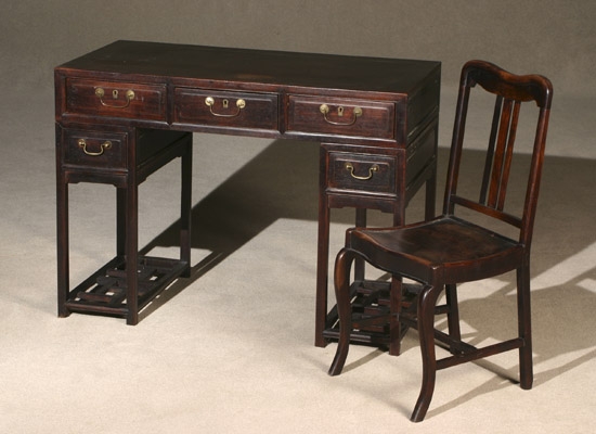 Appraisal: Chinese Hongmu Two-Pedestal Writing Table Jiaji'an Shu'an and Side Chair