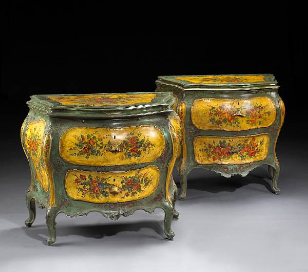 Appraisal: A pair of Venetian Rococo style polychrome decorated commodes first