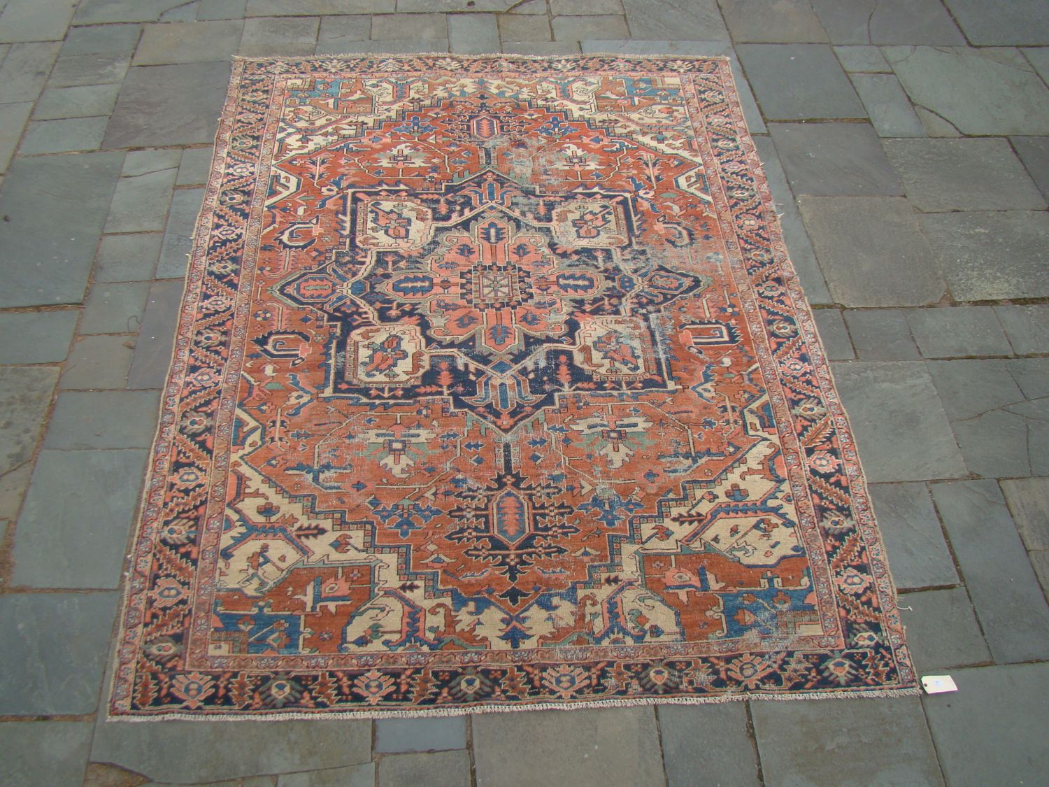 Appraisal: ORIENTAL RUG HERIZ ' x Dark blue gabled medallion with