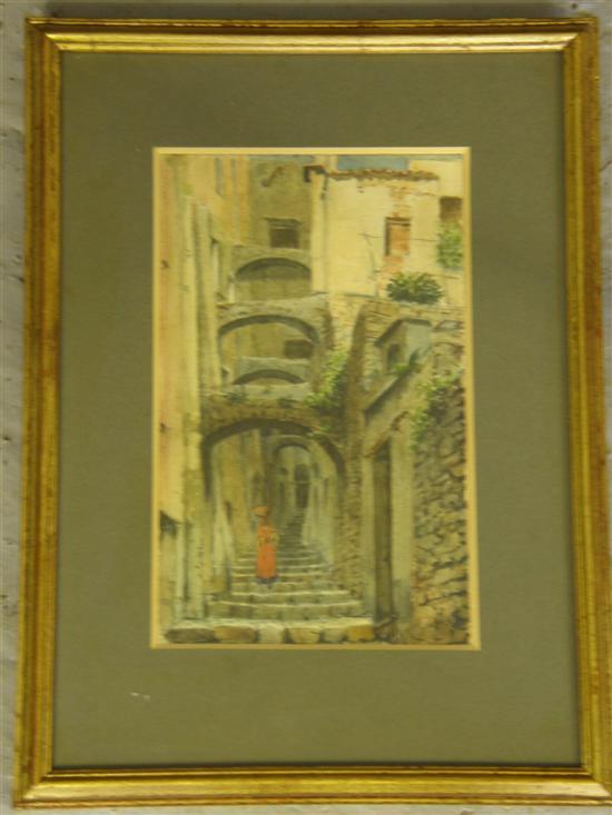 Appraisal: Continental town scene with a lady descending steps through an