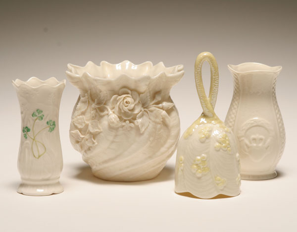 Appraisal: Belleek Irish porcelain vases and bell various decoration to the