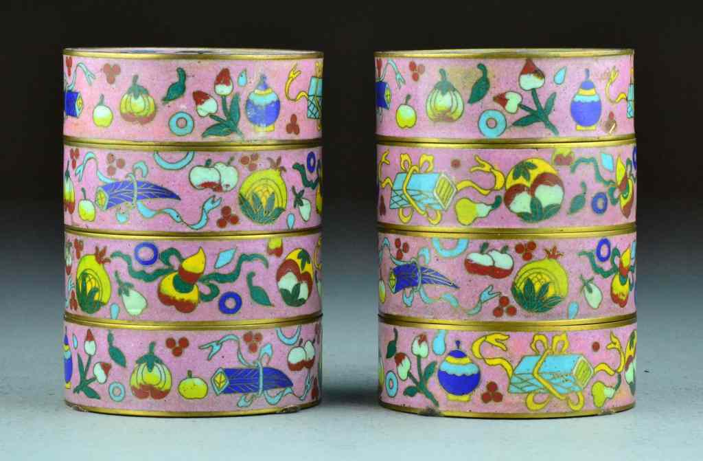 Appraisal: Pr Chinese Qing Cloisonn Stacked ContainersFinely enameled and painted to