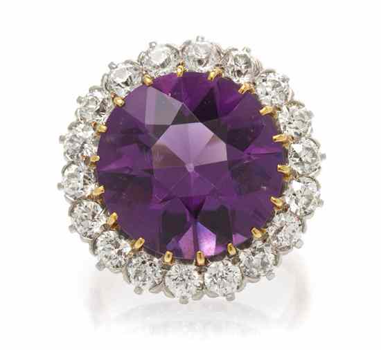 Appraisal: A Platinum Topped Yellow Gold Amethyst and Diamond Ring containing