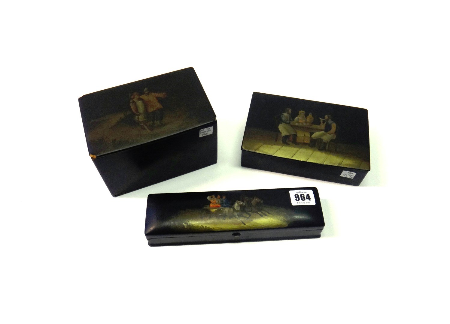 Appraisal: Three Russian black lacquered papier mache boxes th century the