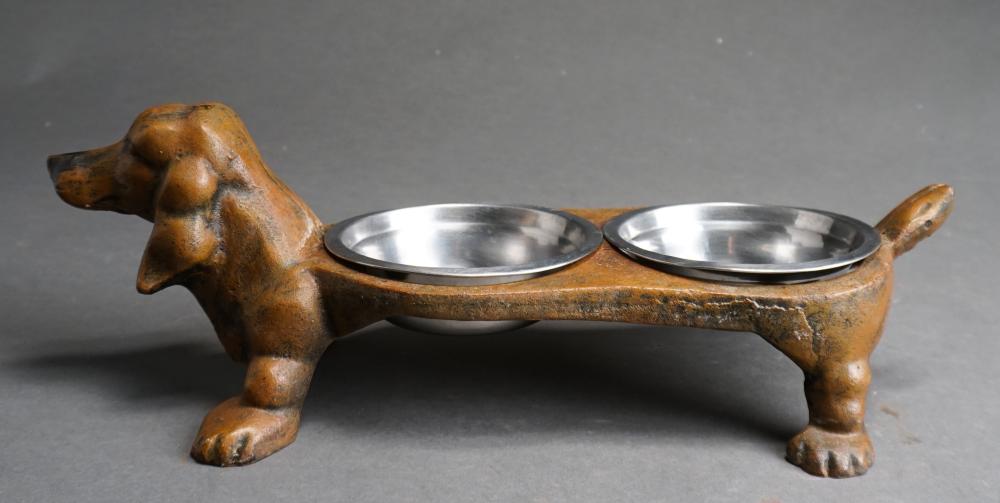 Appraisal: Metal Dog-Form Dog Bowl Holder with Two Bowls x in