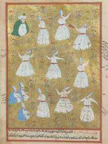 Appraisal: An Islamic gilt miniature of dervishes in ''whirling'' positions with