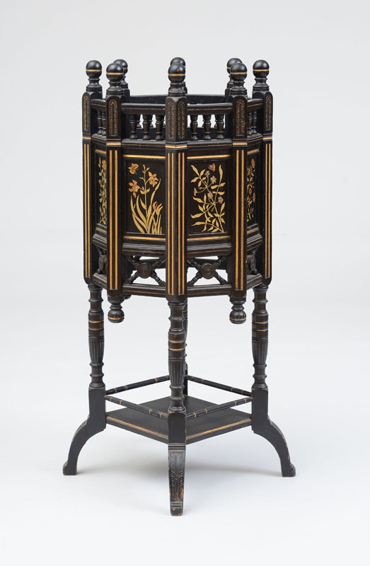 Appraisal: GILLOW AESTHETIC MOVEMENT PLANT STAND EBONIZED WITH GOLD DECORATION ENGLAND