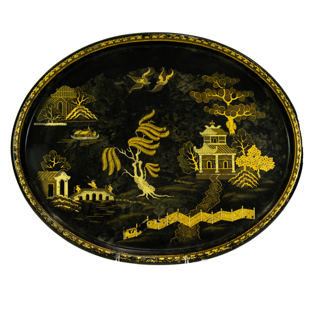 Appraisal: AN ENGLISH CHINOISERIE DECORATED PAPIER-MACHE OVAL TRAY An English Chinoiserie