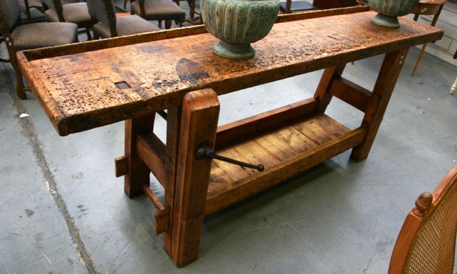 Appraisal: A French rustic oak workbench with vice cm wide cm