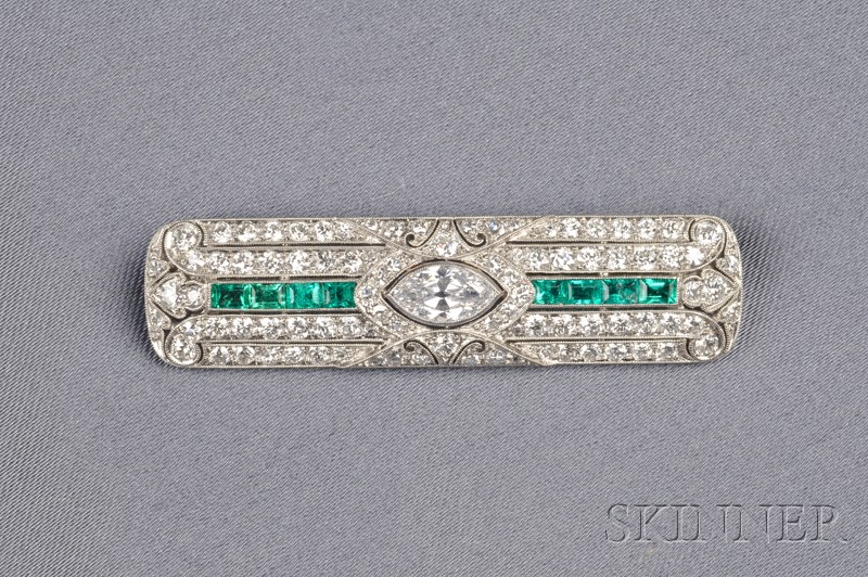 Appraisal: Art Deco Platinum Emerald and Diamond Bar Pin J E