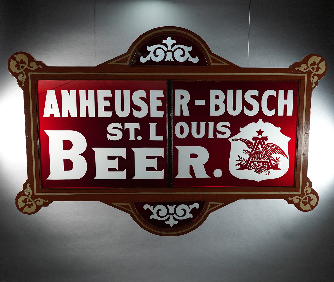 Appraisal: Anheuser-Busch St Louis Beer Etched Ruby Red Glass Sign UNIQUEReference