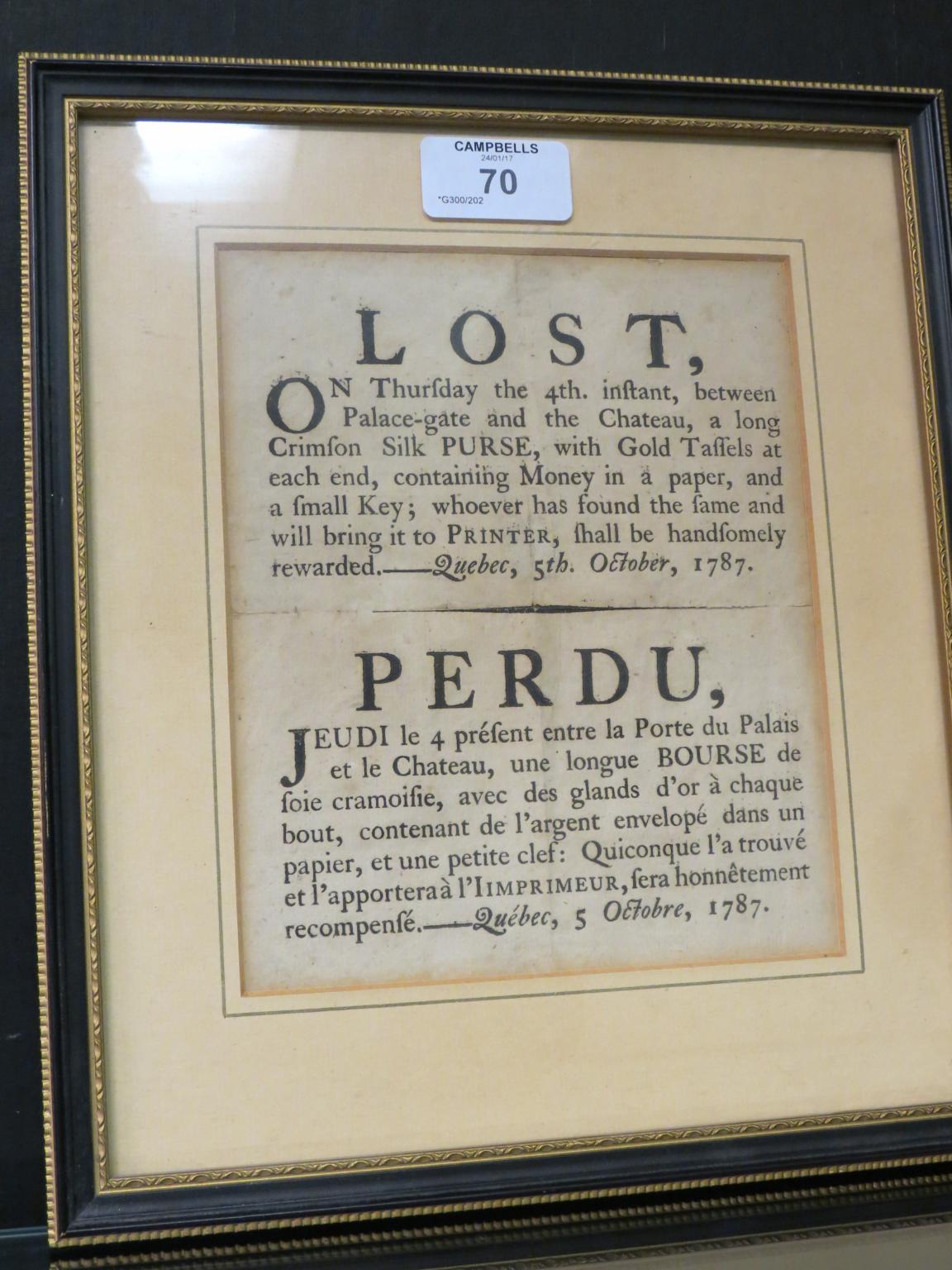 Appraisal: An th century printed public notice Quebec October printed in