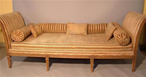 Appraisal: LOUIS XVI STYLE CHAISE LOUNGE th century striped upholstery includes