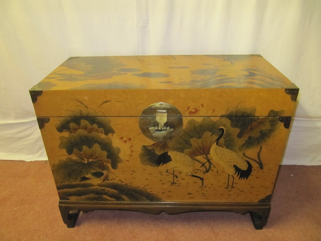 Appraisal: An oriental lacquered collectors chest on stand richly decorated with