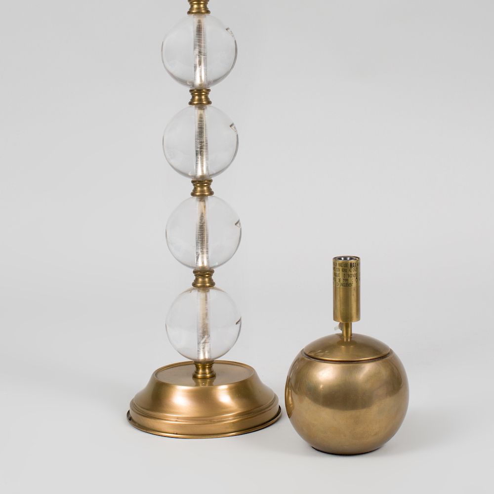 Appraisal: Brass-Mounted Lucite Lamp and a Small Spherical Brass Lamp The