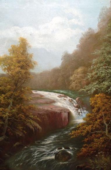 Appraisal: English school th century Landscape with waterfall Oil on canvas