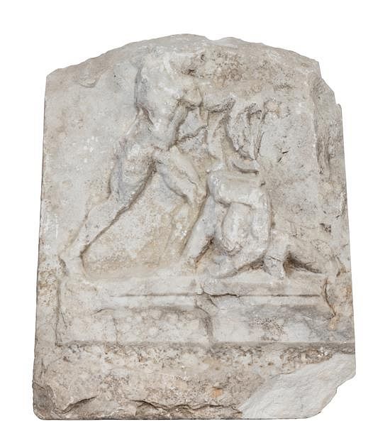 Appraisal: A Roman Marble Relief Depicting Heracles Slaying Hippolyta Height x