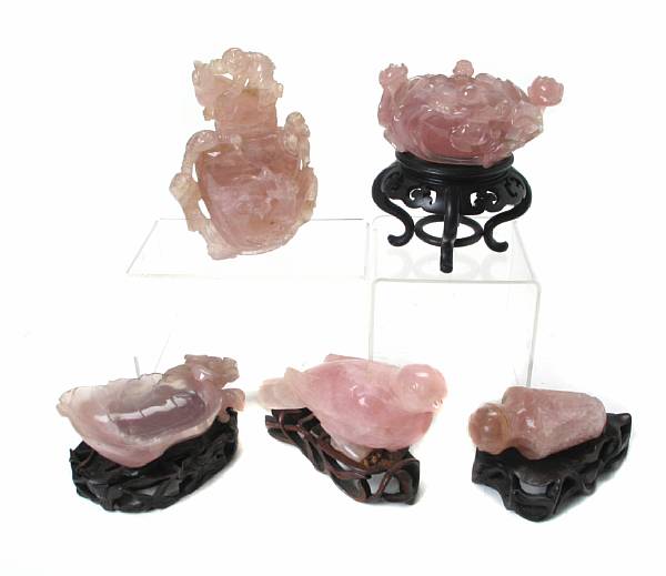 Appraisal: Five Chinese rose quartz carvings comprising a covered vase bird