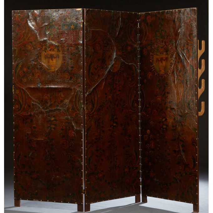 Appraisal: Large English Three Panel Leather Screen late th c with