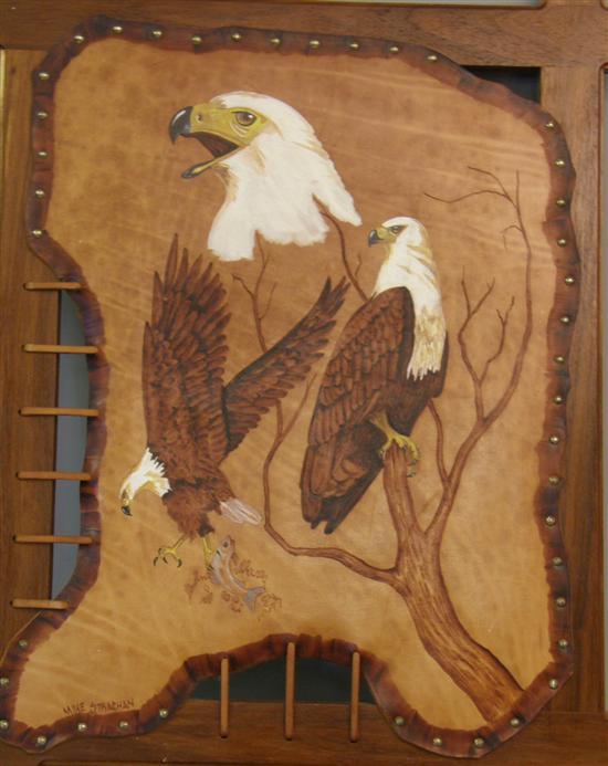 Appraisal: Michael Strachan oil on leather American eagles h w in