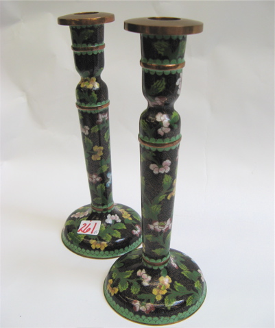 Appraisal: PAIR CHINESE CLOISONNE CANDLESTICKS inches ht all over multi-colored flowers