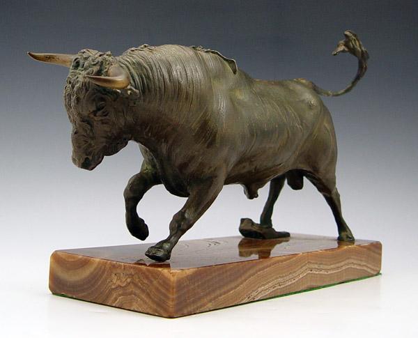 Appraisal: SIGNED BRONZE BULL ON PLINTH Circa '' h '' l