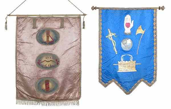 Appraisal: Two painted silk lodge banners ca one with heart-in-hand decoration